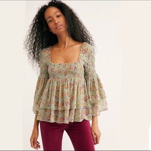 Free People Golden Age Bell Sleeve Smocked Blouse